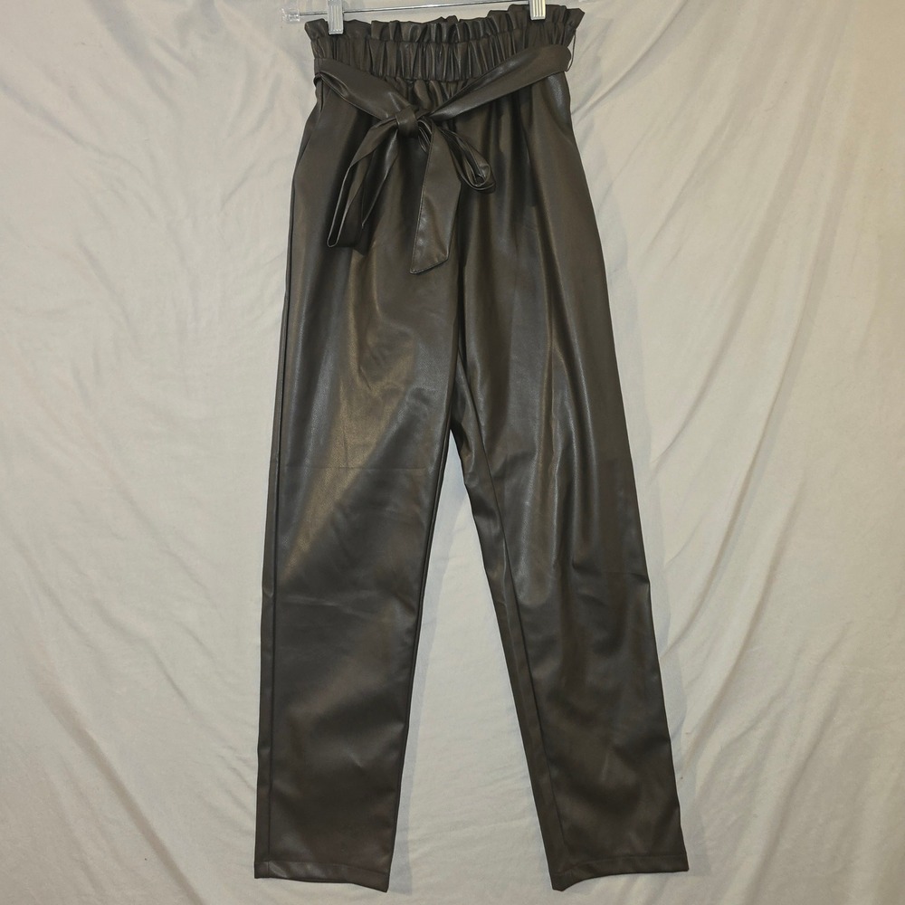 Kittenish Faux Leather Paperbag Pants XS Women Brown High Waist Tie Belt